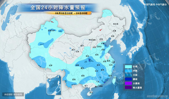 8月8日8時(shí)-9日8時(shí)，我國(guó)中東部大部多降雨。